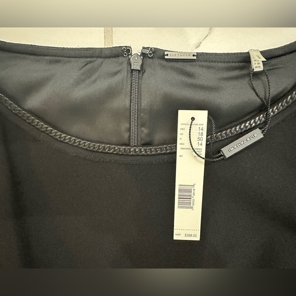 NWT Elie Tahari 3/4 Frayed Silk Sleeve Chain-Trim Sheath Esmarella Dress Blk 14 - Picture 5 of 8